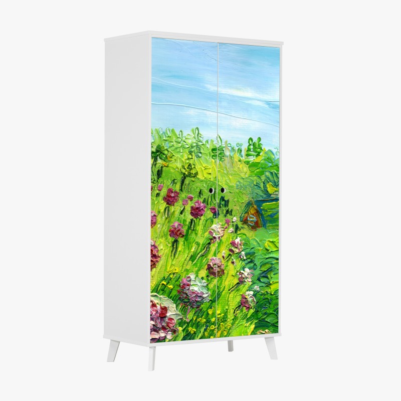 Schrankaufkleber leuchtende rosa fassade mit blauer tür – Wallnifity®