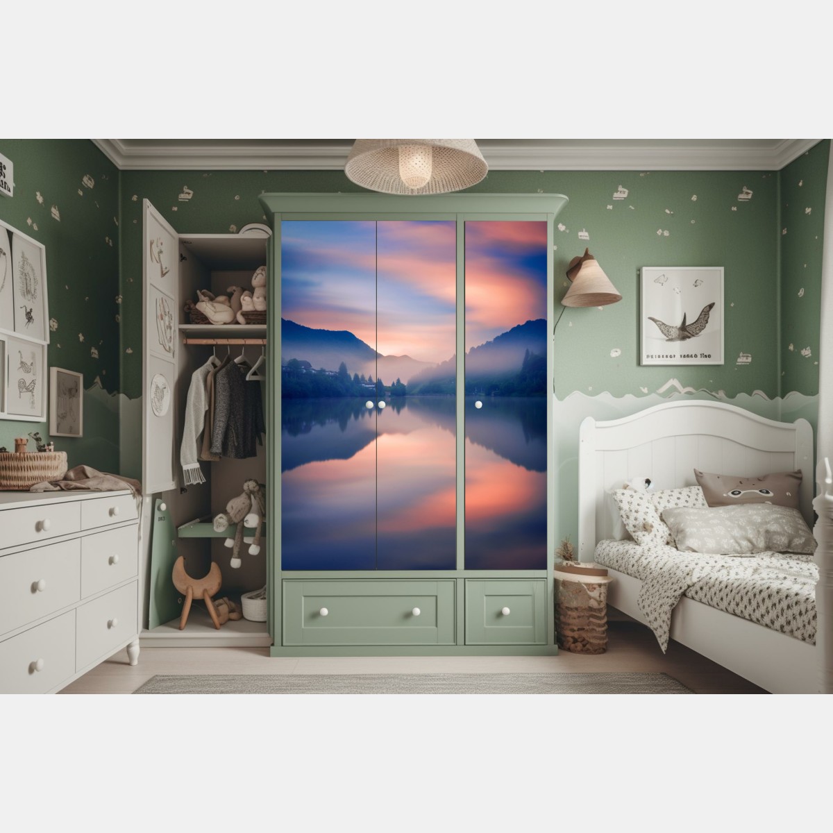 Schrankaufkleber nebeliger bergsee bei dämmerung – Wallnifity® Schrankaufkleber nebeliger bergsee bei dämmerung – Wallnifity®