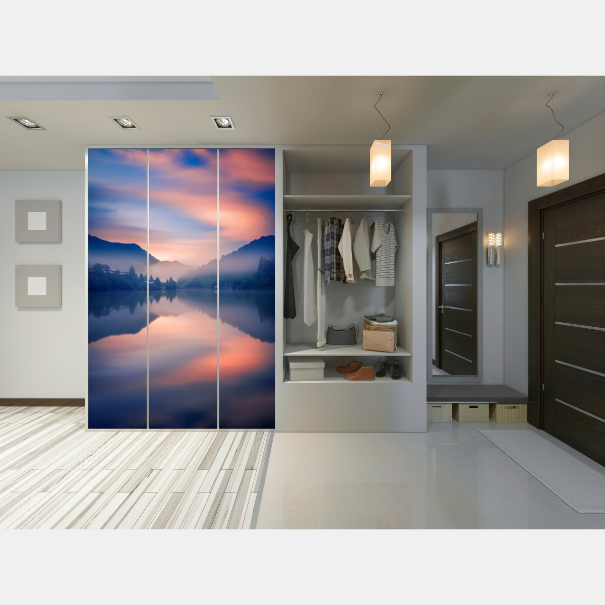 Schrankaufkleber nebeliger bergsee bei dämmerung – Wallnifity® Schrankaufkleber nebeliger bergsee bei dämmerung – Wallnifity®