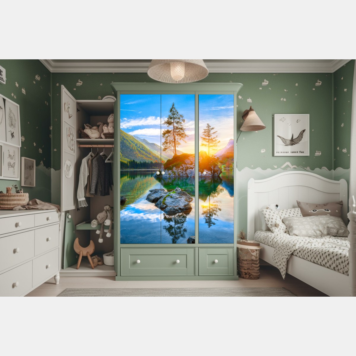 Schrankaufkleber sonnenuntergang über Hintersee felseninsel – Wallnifity® Schrankaufkleber sonnenuntergang über Hintersee felseninsel – Wallnifity®