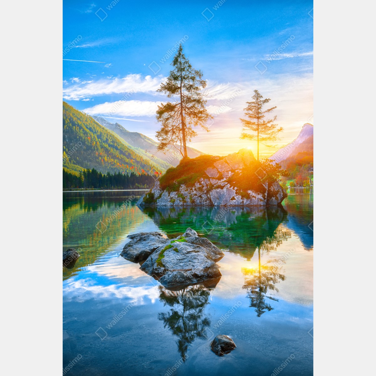 Schrankaufkleber sonnenuntergang über Hintersee felseninsel – Wallnifity® Schrankaufkleber sonnenuntergang über Hintersee felseninsel – Wallnifity®