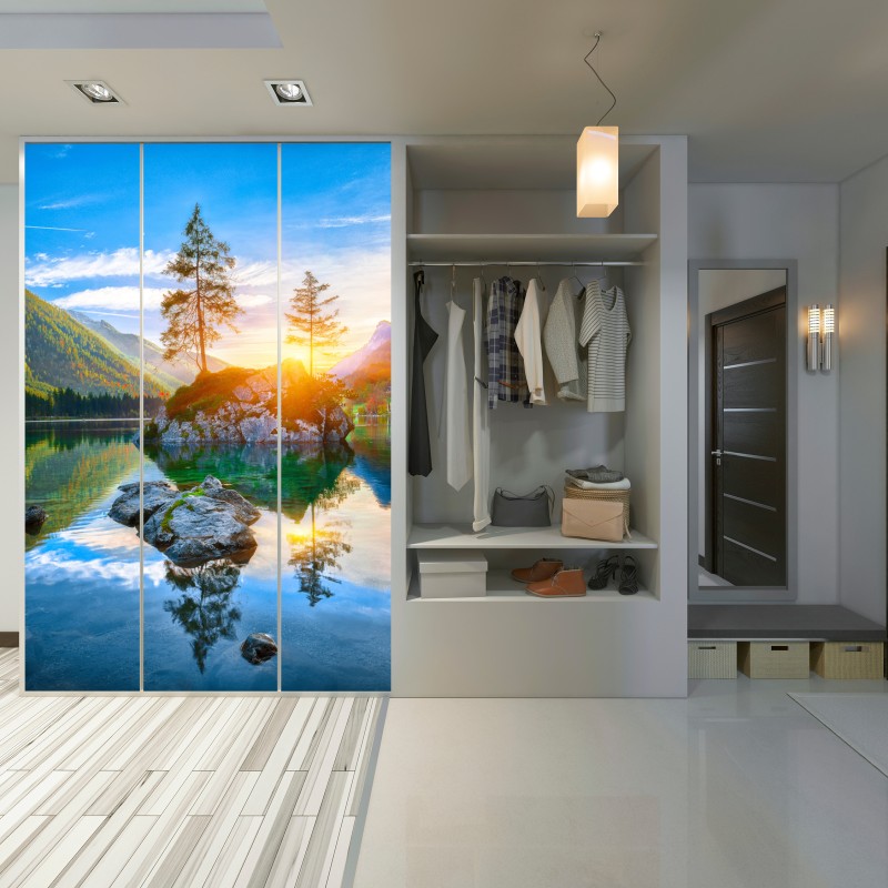 Schrankaufkleber sonnenuntergang über Hintersee felseninsel – Wallnifity® Schrankaufkleber sonnenuntergang über Hintersee felseninsel – Wallnifity®
