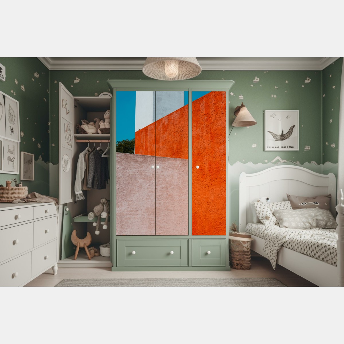 Schrankaufkleber mutige geometrische fassade in orange und türkis – Wallnifity® Schrankaufkleber mutige geometrische fassade in orange und türkis – Wallnifity®