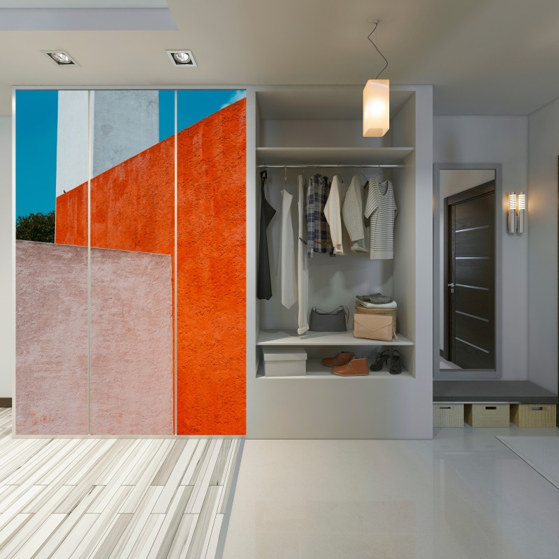 Schrankaufkleber mutige geometrische fassade in orange und türkis – Wallnifity® Schrankaufkleber mutige geometrische fassade in orange und türkis – Wallnifity®