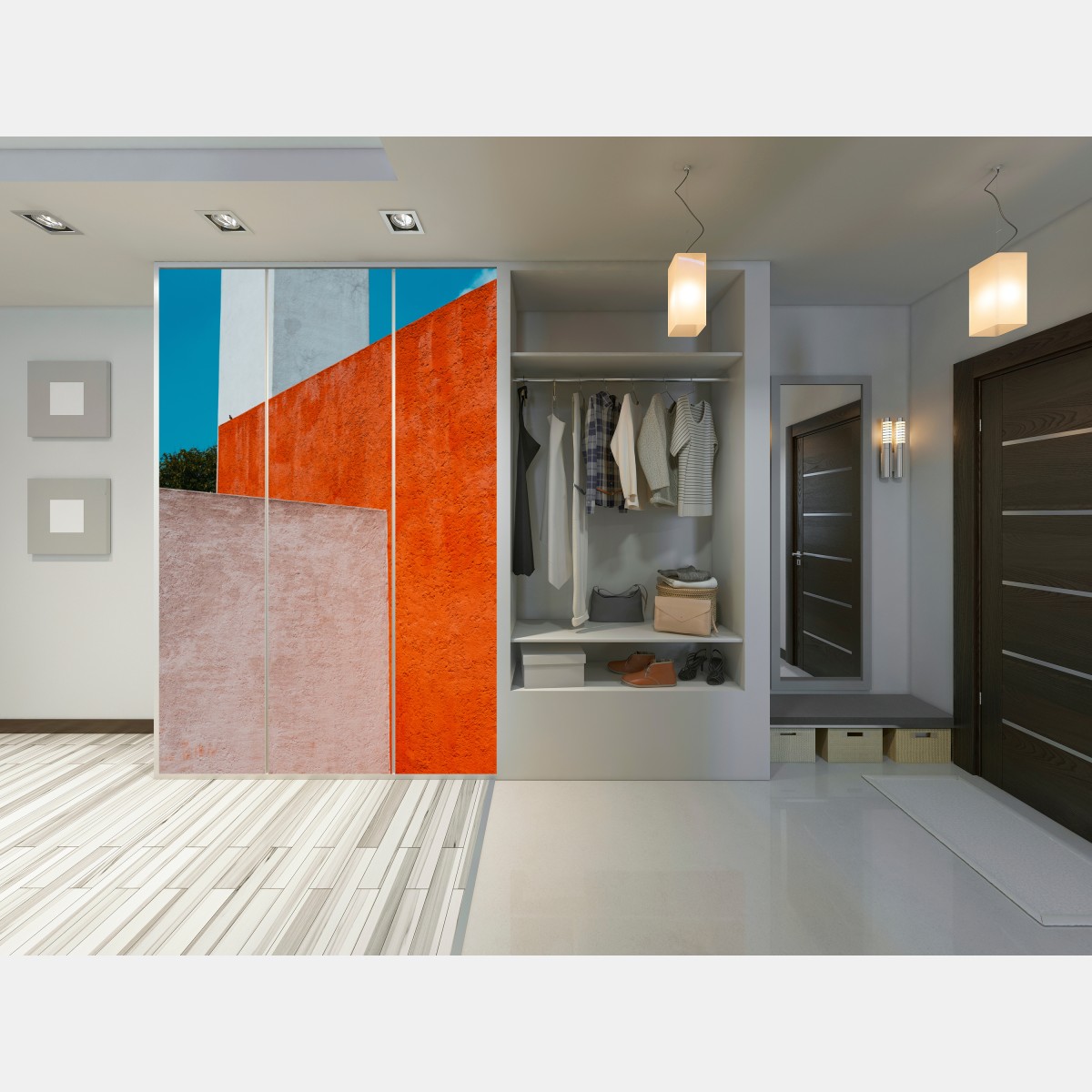 Schrankaufkleber mutige geometrische fassade in orange und türkis – Wallnifity® Schrankaufkleber mutige geometrische fassade in orange und türkis – Wallnifity®