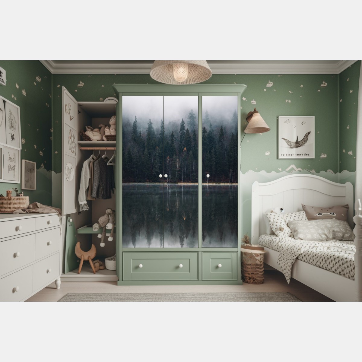 Schrankaufkleber neblige waldreflexion – Wallnifity®
