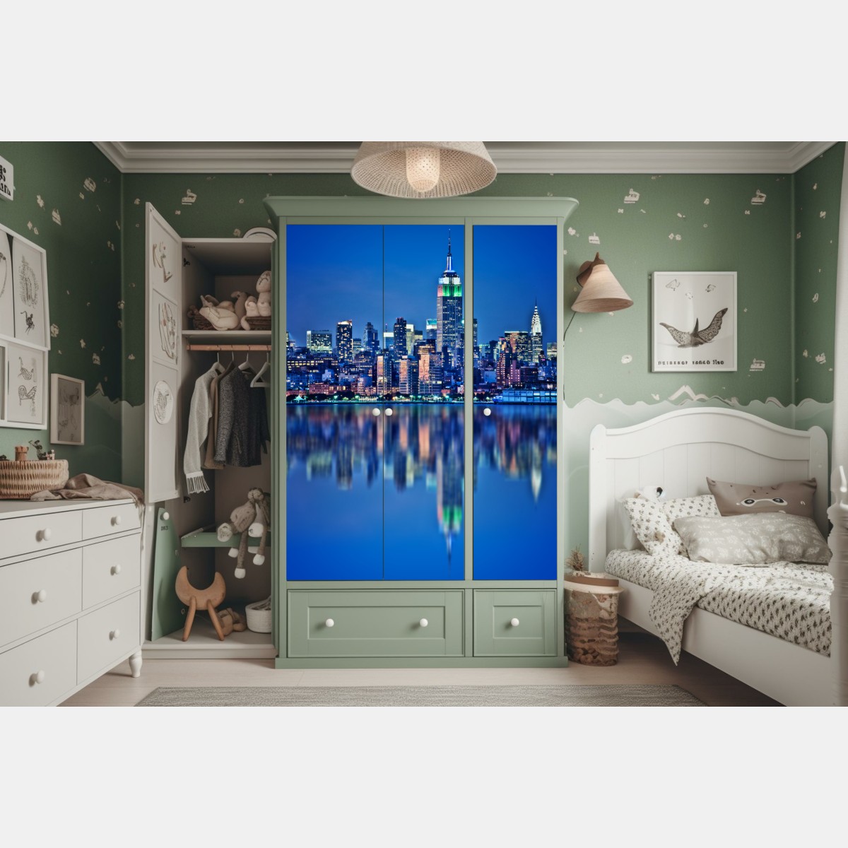 Schrankaufkleber New York skyline bei nacht mit spiegelung – Wallnifity® Schrankaufkleber New York skyline bei nacht mit spiegelung – Wallnifity®