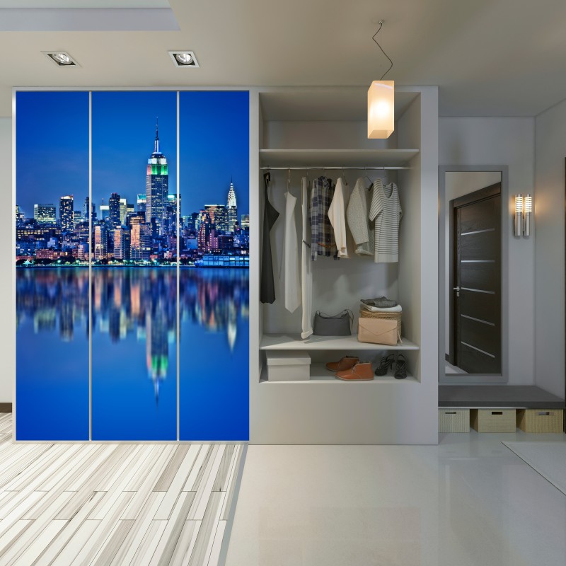 Schrankaufkleber New York skyline bei nacht mit spiegelung – Wallnifity® Schrankaufkleber New York skyline bei nacht mit spiegelung – Wallnifity®