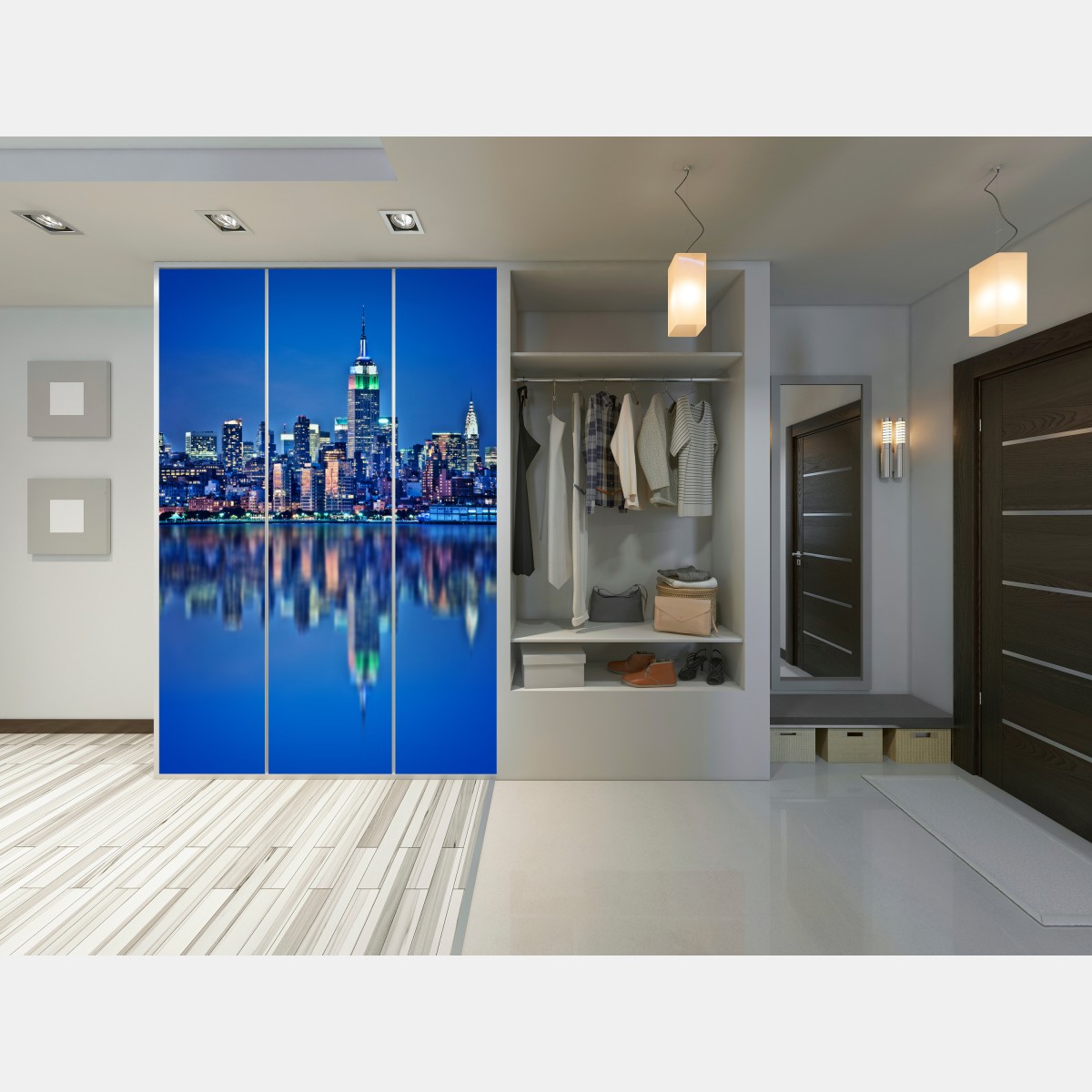 Schrankaufkleber New York skyline bei nacht mit spiegelung – Wallnifity® Schrankaufkleber New York skyline bei nacht mit spiegelung – Wallnifity®