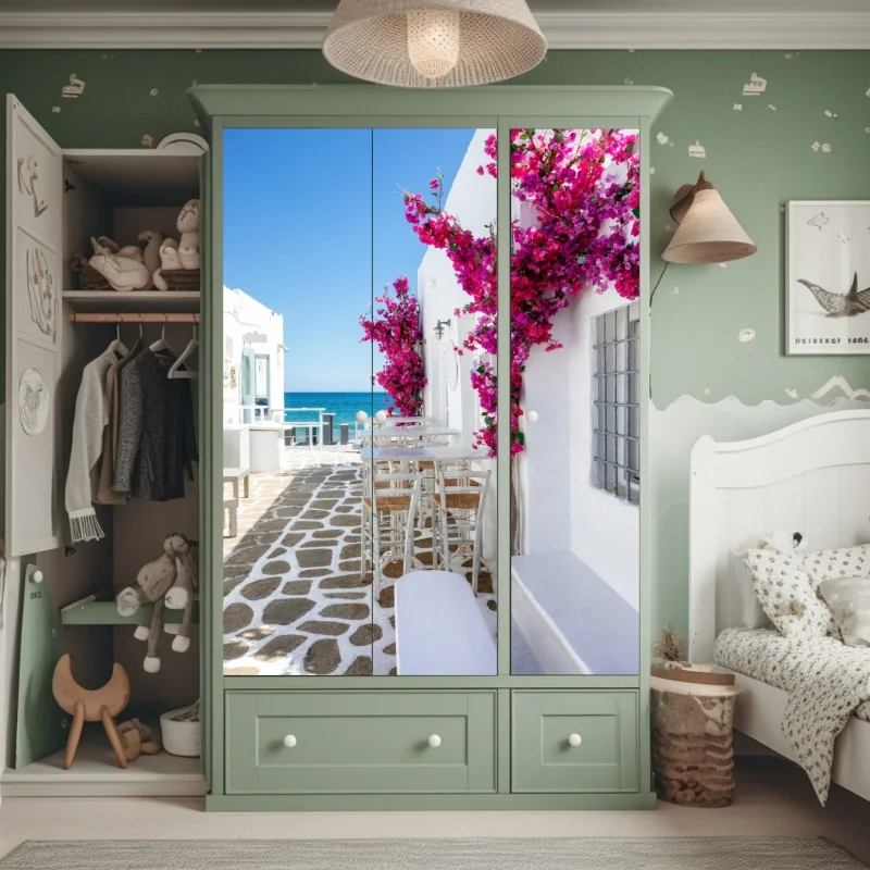 Schrankaufkleber sonnige mediterrane gasse mit bougainvillea – Wallnifity® Schrankaufkleber sonnige mediterrane gasse mit bougainvillea – Wallnifity®