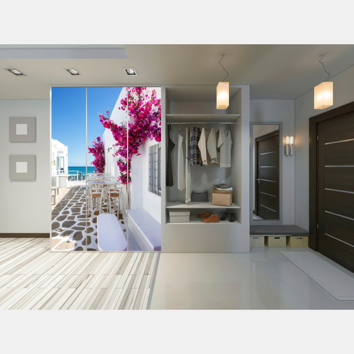 Schrankaufkleber sonnige mediterrane gasse mit bougainvillea – Wallnifity® Schrankaufkleber sonnige mediterrane gasse mit bougainvillea – Wallnifity®