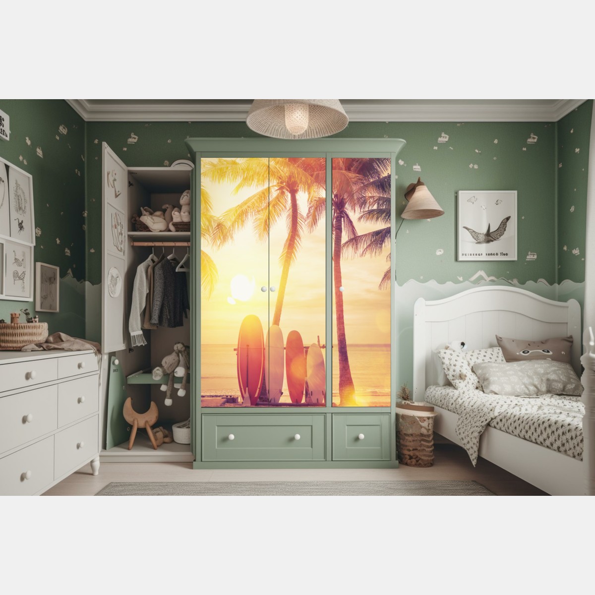 Schrankaufkleber tropischer sonnenuntergang mit surfboards – Wallnifity®