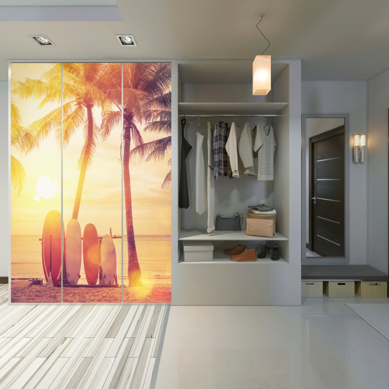 Schrankaufkleber tropischer sonnenuntergang mit surfboards – Wallnifity®