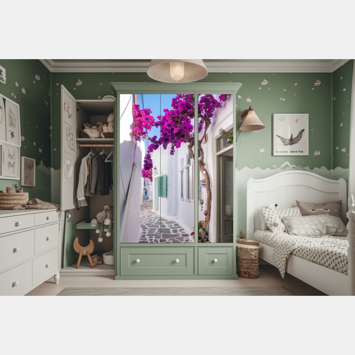 Schrankaufkleber sonnige mediterrane gasse mit bougainvillea – Wallnifity® Schrankaufkleber sonnige mediterrane gasse mit bougainvillea – Wallnifity®