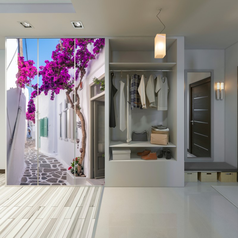 Schrankaufkleber sonnige mediterrane gasse mit bougainvillea – Wallnifity® Schrankaufkleber sonnige mediterrane gasse mit bougainvillea – Wallnifity®