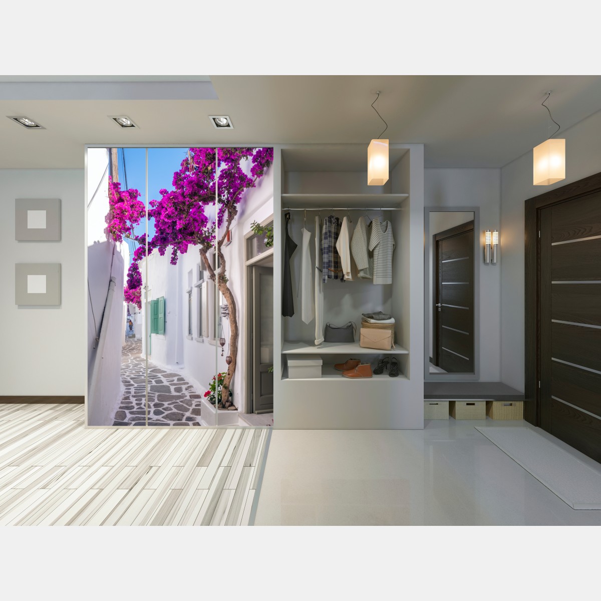 Schrankaufkleber sonnige mediterrane gasse mit bougainvillea – Wallnifity® Schrankaufkleber sonnige mediterrane gasse mit bougainvillea – Wallnifity®