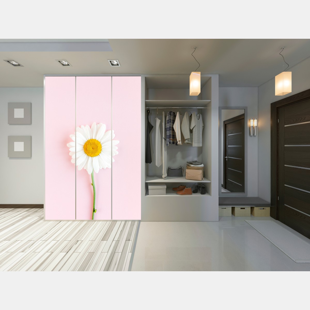 Schrankaufkleber weißes gänseblümchen auf pastellrosa hintergrund – Wallnifity® Schrankaufkleber weißes gänseblümchen auf pastellrosa hintergrund – Wallnifity®