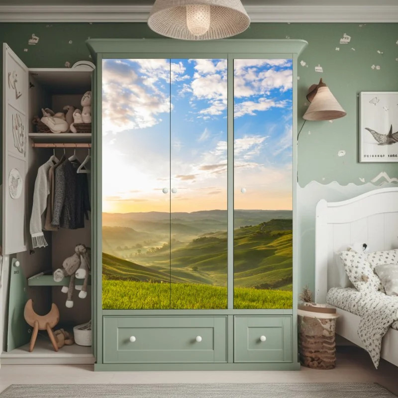 Schrankaufkleber sonnenaufgang über nebligen hügeln – Wallnifity® Schrankaufkleber sonnenaufgang über nebligen hügeln – Wallnifity®