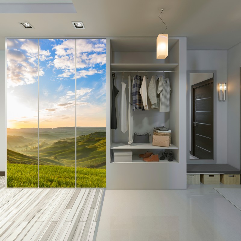 Schrankaufkleber sonnenaufgang über nebligen hügeln – Wallnifity® Schrankaufkleber sonnenaufgang über nebligen hügeln – Wallnifity®