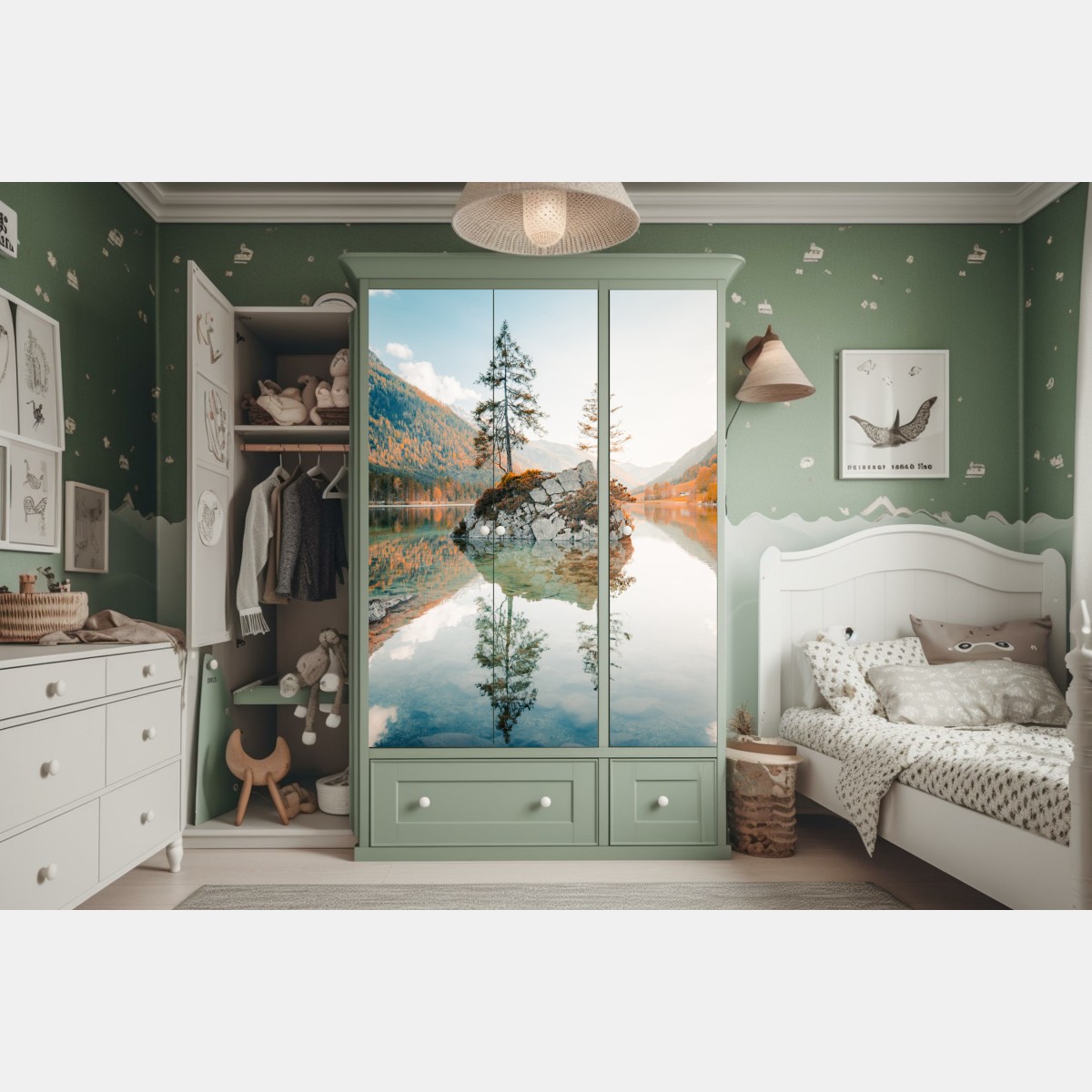 Schrankaufkleber sonnenbeleuchtete felsinsel am Hintersee – Wallnifity® Schrankaufkleber sonnenbeleuchtete felsinsel am Hintersee – Wallnifity®