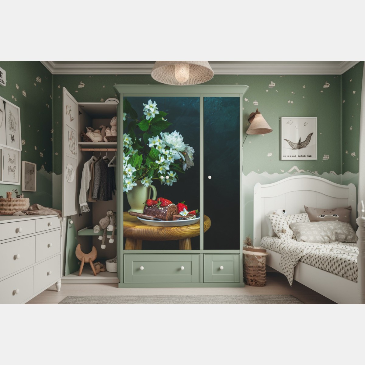 Schrankaufkleber schokoladenrolle mit erdbeeren und weißen blüten – Wallnifity® Schrankaufkleber schokoladenrolle mit erdbeeren und weißen blüten – Wallnifity®