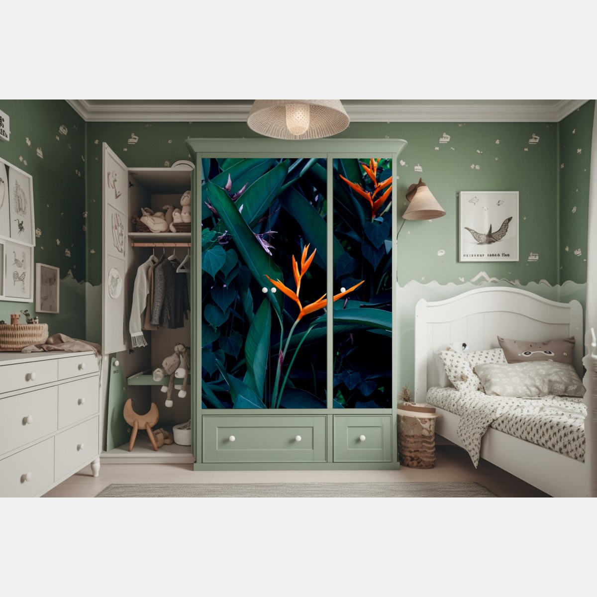 Schrankaufkleber leuchtende strelitzie vor tiefgrünen blättern – Wallnifity® Schrankaufkleber leuchtende strelitzie vor tiefgrünen blättern – Wallnifity®