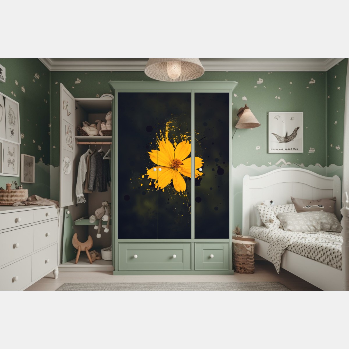 Schrankaufkleber leuchtende gelbe blüte auf dunklem hintergrund – Wallnifity® Schrankaufkleber leuchtende gelbe blüte auf dunklem hintergrund – Wallnifity®