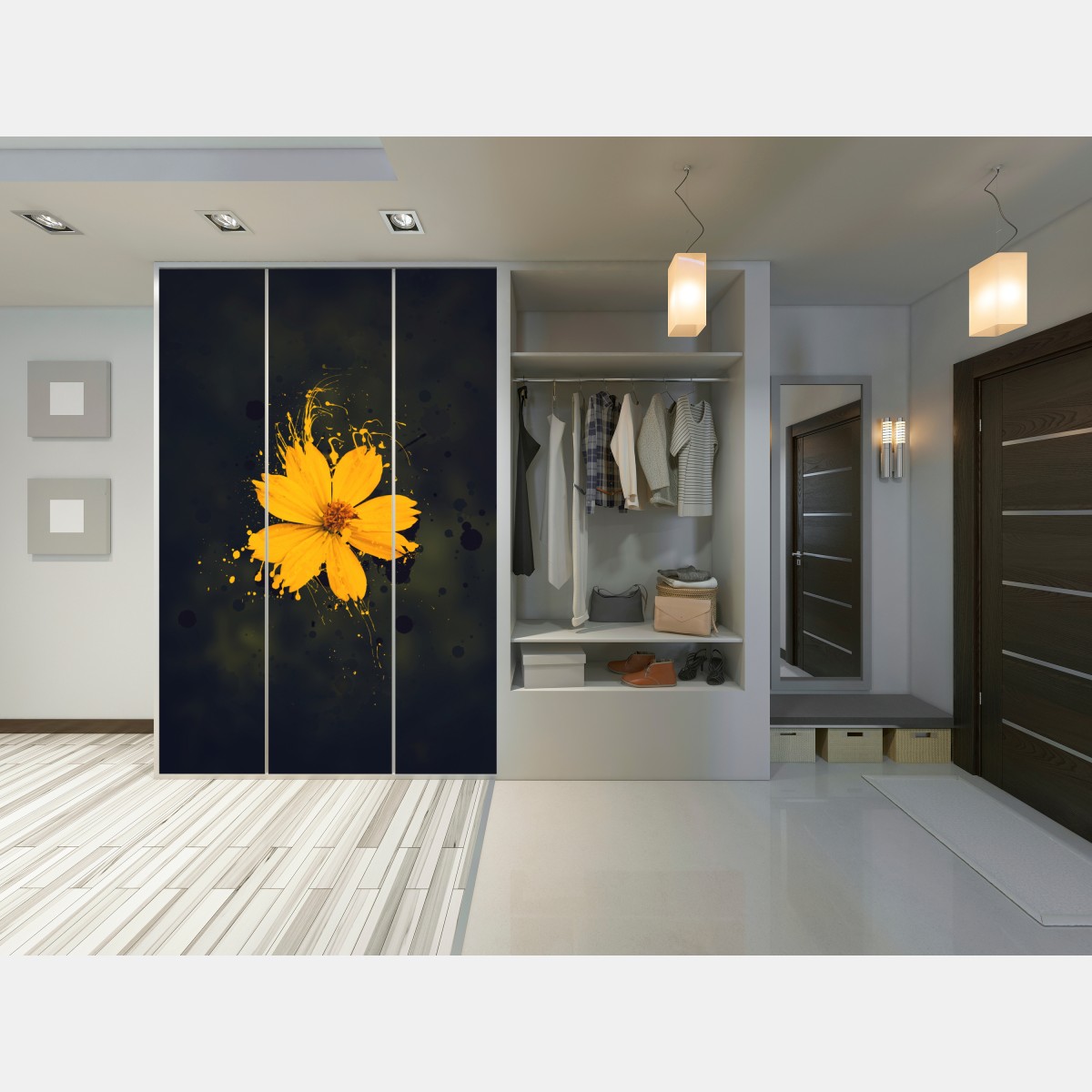 Schrankaufkleber leuchtende gelbe blüte auf dunklem hintergrund – Wallnifity® Schrankaufkleber leuchtende gelbe blüte auf dunklem hintergrund – Wallnifity®