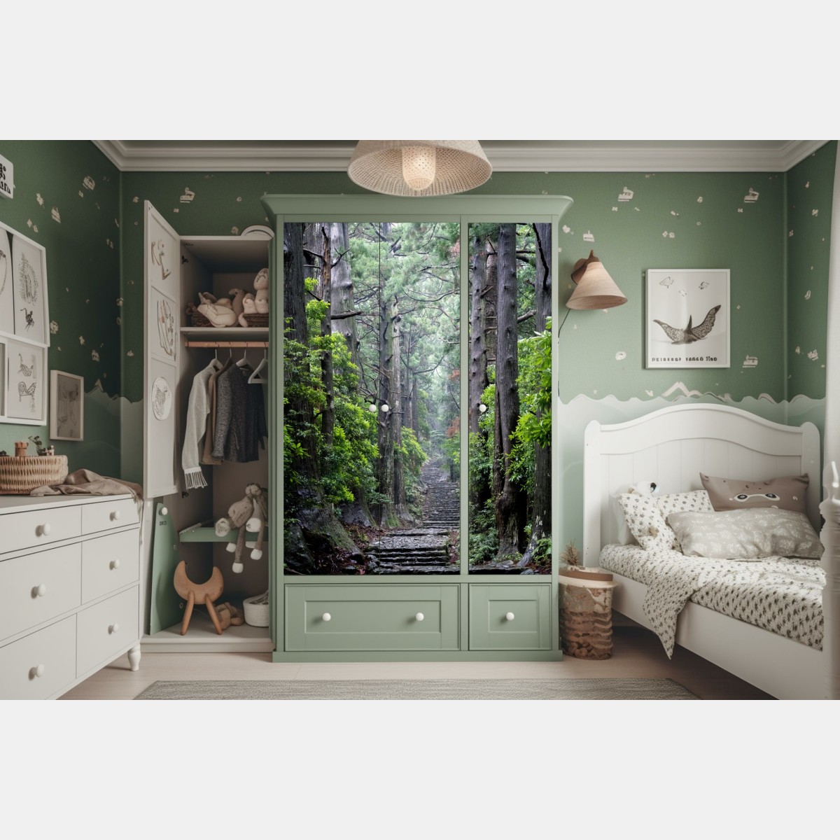 Schrankaufkleber mystischer waldweg zwischen alten bäumen – Wallnifity® Schrankaufkleber mystischer waldweg zwischen alten bäumen – Wallnifity®