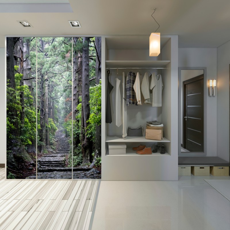 Schrankaufkleber mystischer waldweg zwischen alten bäumen – Wallnifity® Schrankaufkleber mystischer waldweg zwischen alten bäumen – Wallnifity®