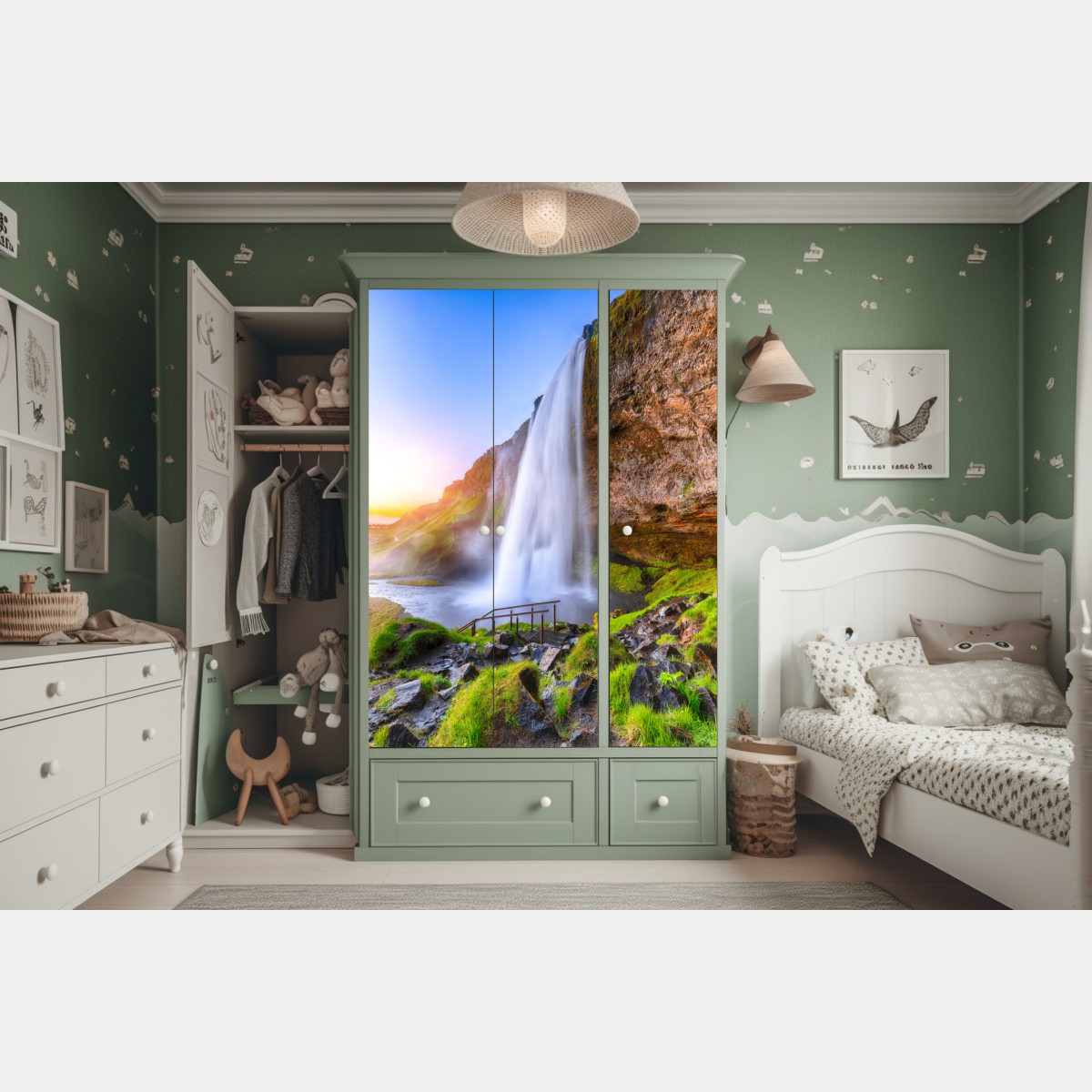 Schrankaufkleber Seljalandsfoss wasserfall im sonnenuntergang – Wallnifity®