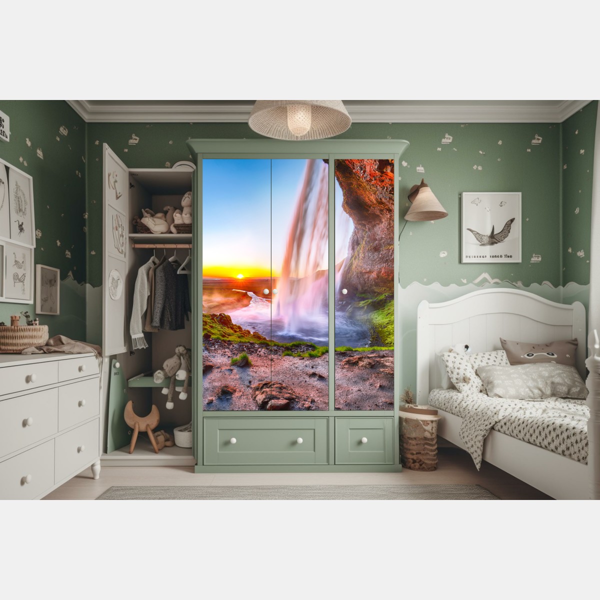 Schrankaufkleber Seljalandsfoss wasserfall bei sonnenuntergang – Wallnifity® Schrankaufkleber Seljalandsfoss wasserfall bei sonnenuntergang – Wallnifity®