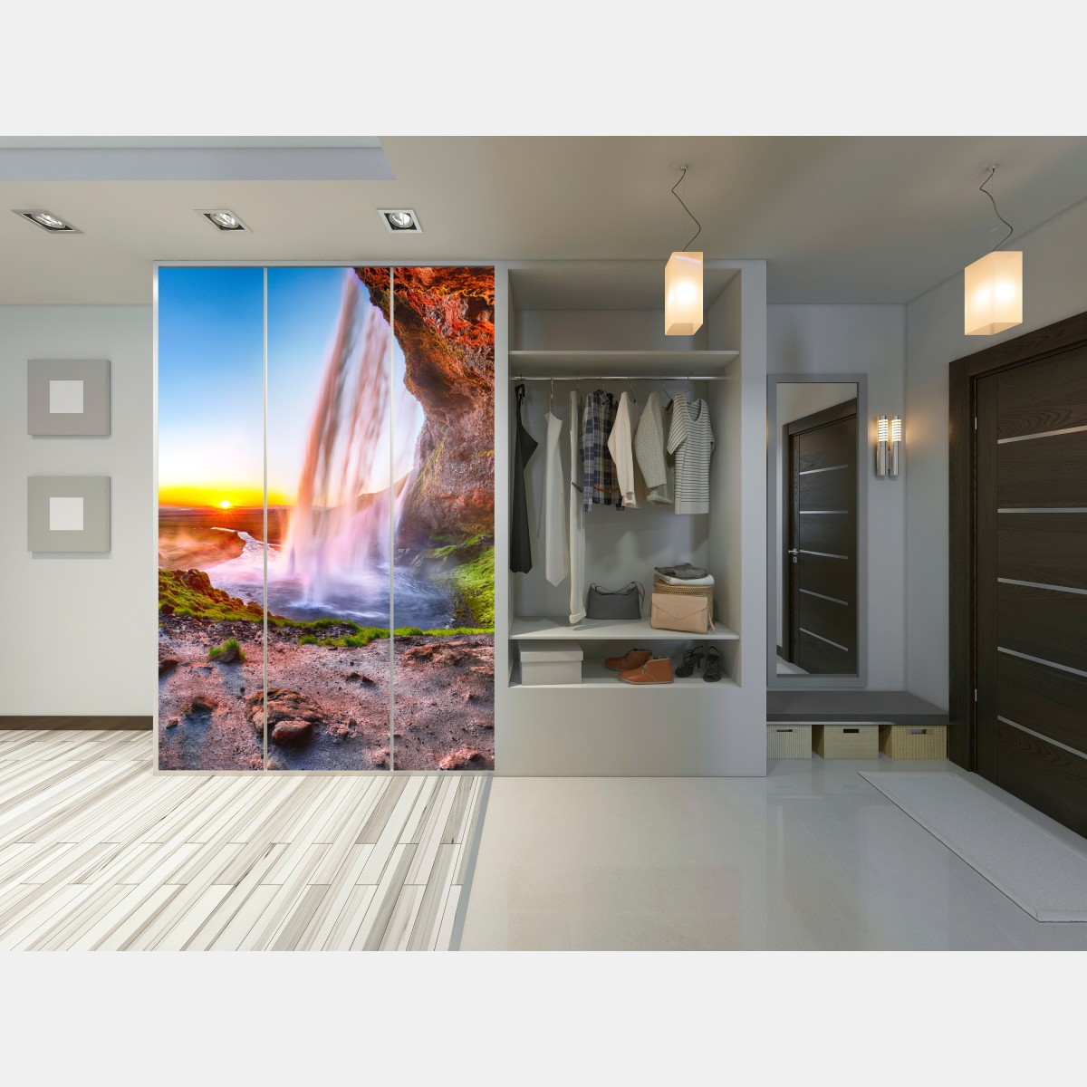 Schrankaufkleber Seljalandsfoss wasserfall bei sonnenuntergang – Wallnifity® Schrankaufkleber Seljalandsfoss wasserfall bei sonnenuntergang – Wallnifity®