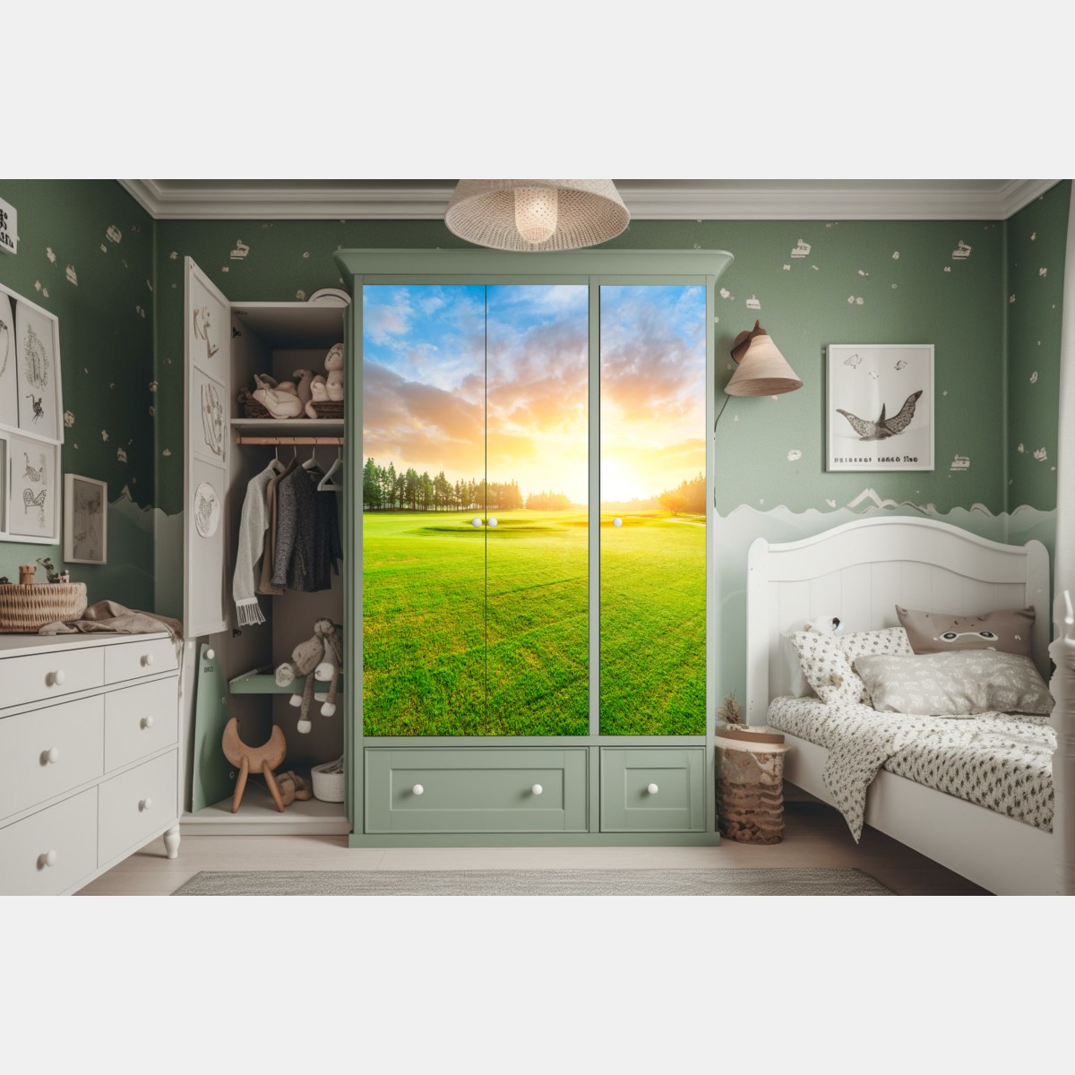 Schrankaufkleber sonnenbeschienene wiese und wald bei sonnenaufgang – Wallnifity® Schrankaufkleber sonnenbeschienene wiese und wald bei sonnenaufgang – Wallnifity®