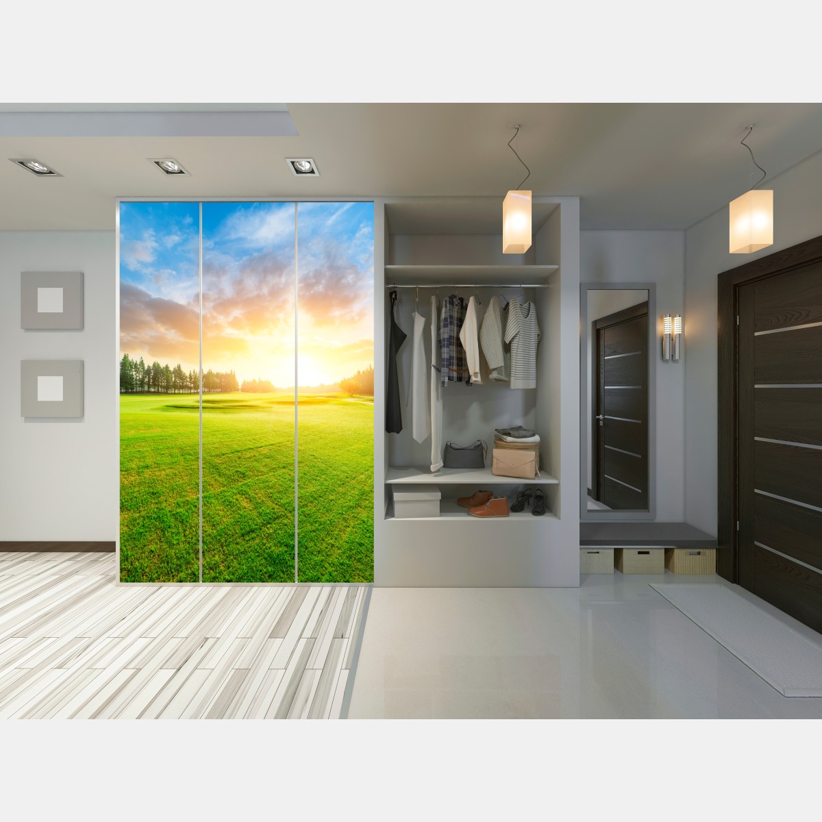 Schrankaufkleber sonnenbeschienene wiese und wald bei sonnenaufgang – Wallnifity® Schrankaufkleber sonnenbeschienene wiese und wald bei sonnenaufgang – Wallnifity®