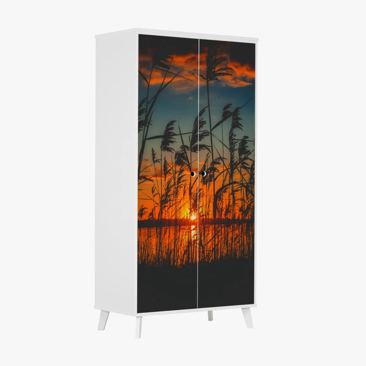 Schrankaufkleber sonnenuntergang am see mit schilf-silhouette – Wallnifity® Schrankaufkleber sonnenuntergang am see mit schilf-silhouette – Wallnifity®