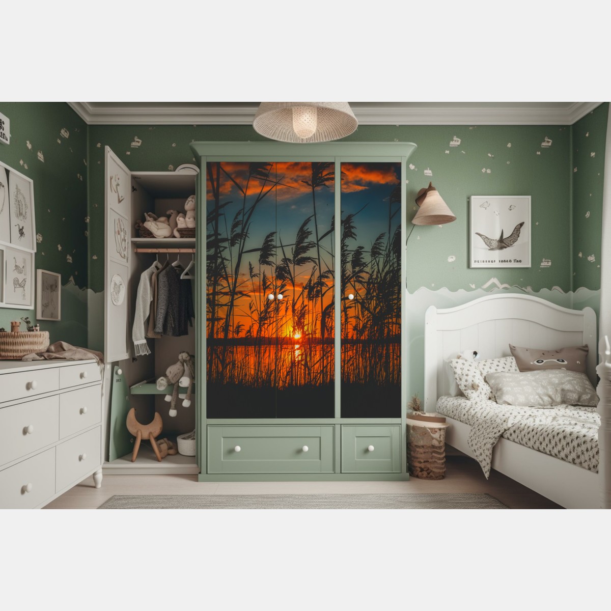 Schrankaufkleber sonnenuntergang am see mit schilf-silhouette – Wallnifity® Schrankaufkleber sonnenuntergang am see mit schilf-silhouette – Wallnifity®