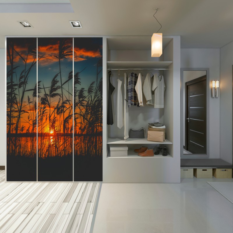 Schrankaufkleber sonnenuntergang am see mit schilf-silhouette – Wallnifity® Schrankaufkleber sonnenuntergang am see mit schilf-silhouette – Wallnifity®