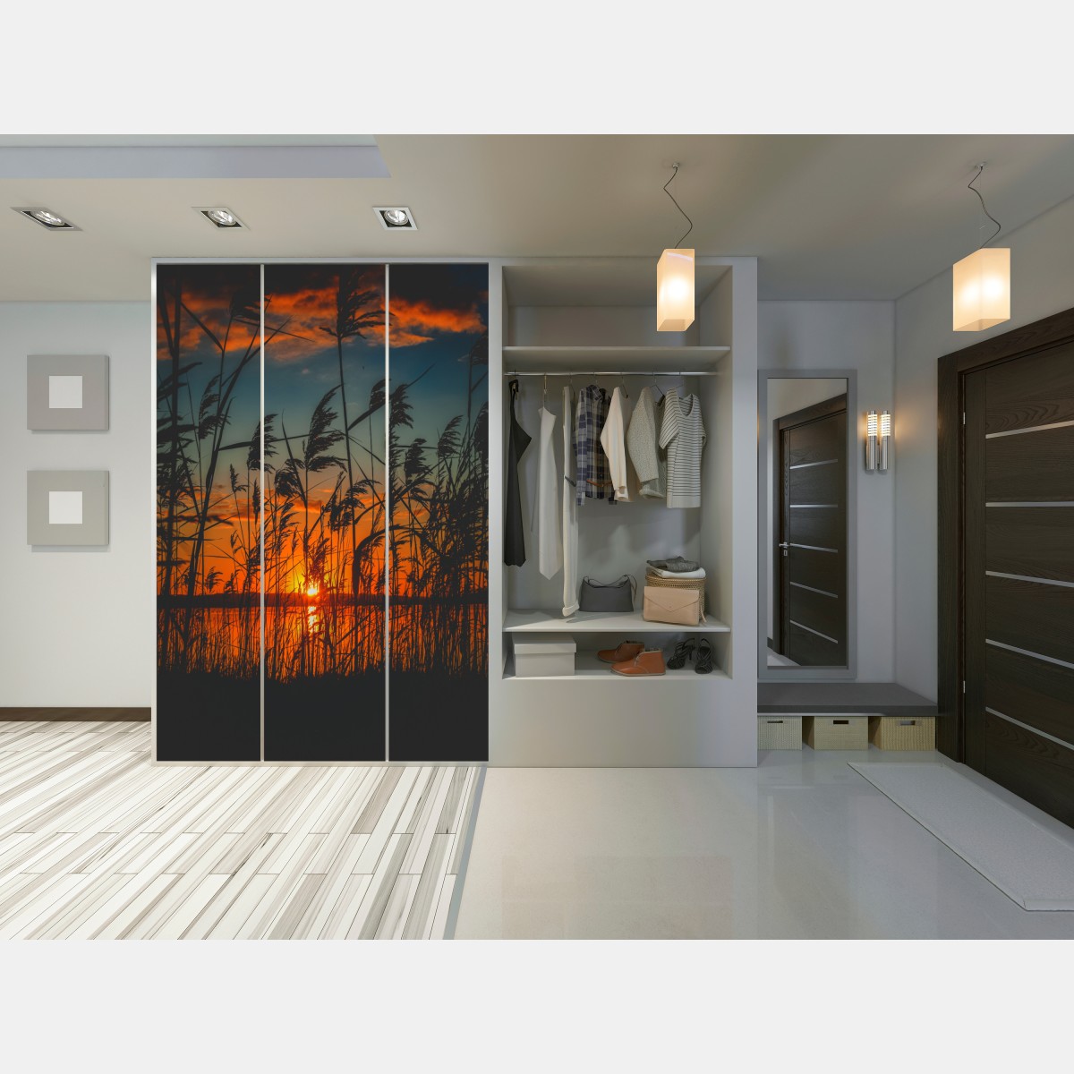 Schrankaufkleber sonnenuntergang am see mit schilf-silhouette – Wallnifity® Schrankaufkleber sonnenuntergang am see mit schilf-silhouette – Wallnifity®