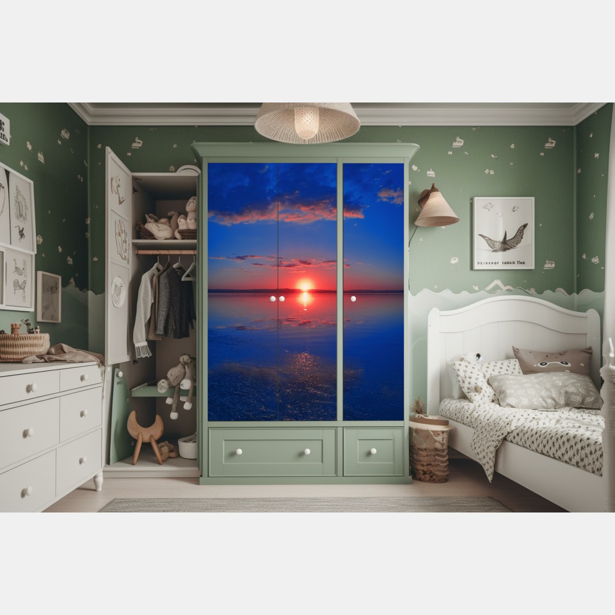 Schrankaufkleber sonnenuntergang über ruhigem meer mit lebendiger spiegelung – Wallnifity®