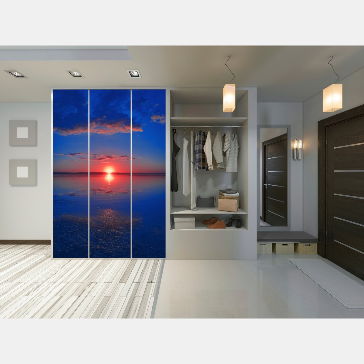 Schrankaufkleber sonnenuntergang über ruhigem meer mit lebendiger spiegelung – Wallnifity®