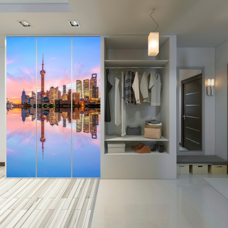 Schrankaufkleber Shanghai skyline bei sonnenaufgang – Wallnifity® Schrankaufkleber Shanghai skyline bei sonnenaufgang – Wallnifity®