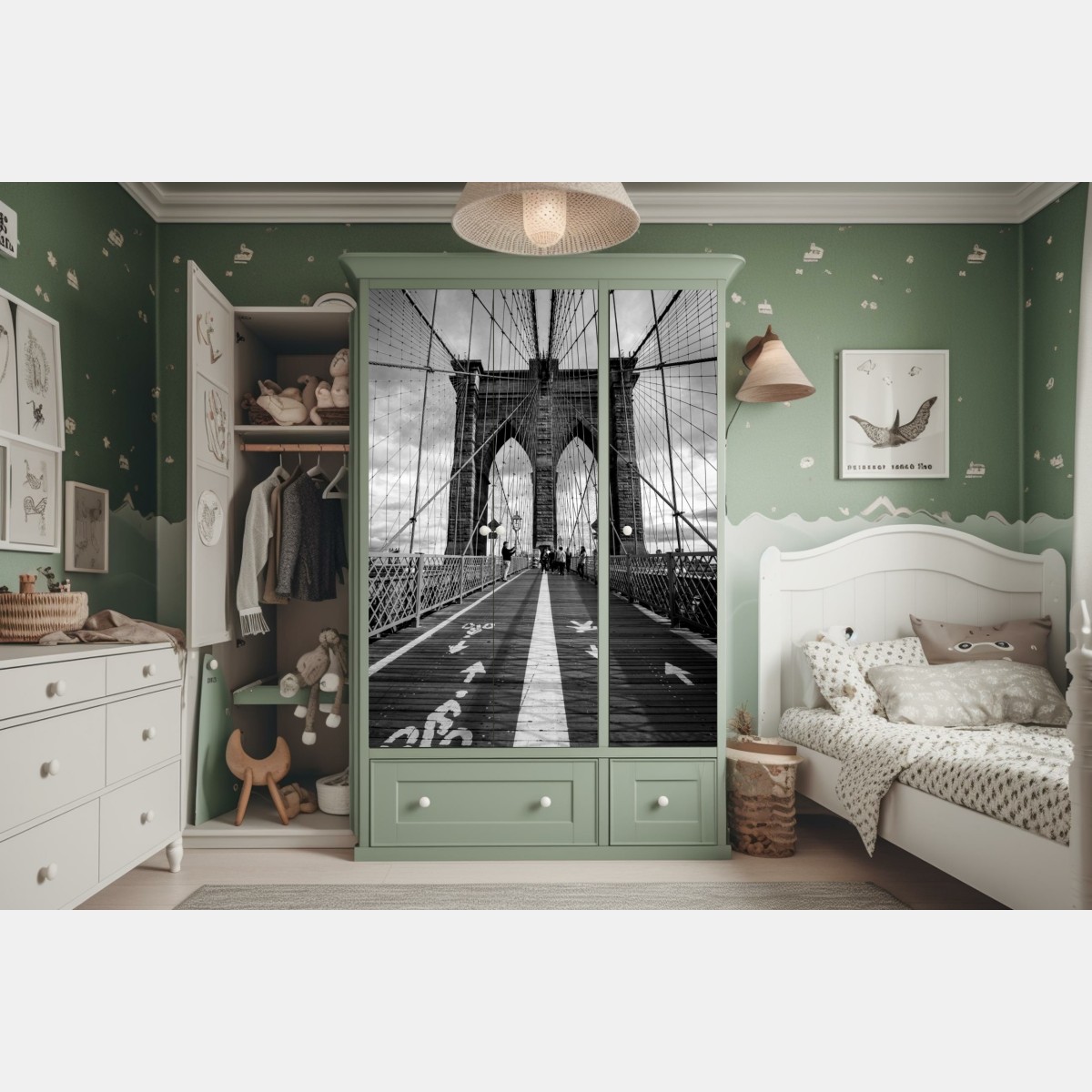 Schrankaufkleber Brooklyn Bridge perspektive in monochrom – Wallnifity® Schrankaufkleber Brooklyn Bridge perspektive in monochrom – Wallnifity®