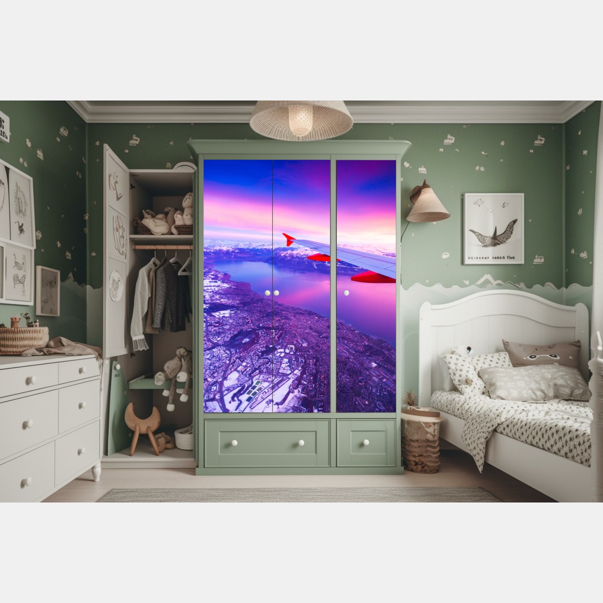 Schrankaufkleber luftaufnahme einer stadt am see bei sonnenuntergang – Wallnifity® Schrankaufkleber luftaufnahme einer stadt am see bei sonnenuntergang – Wallnifity®