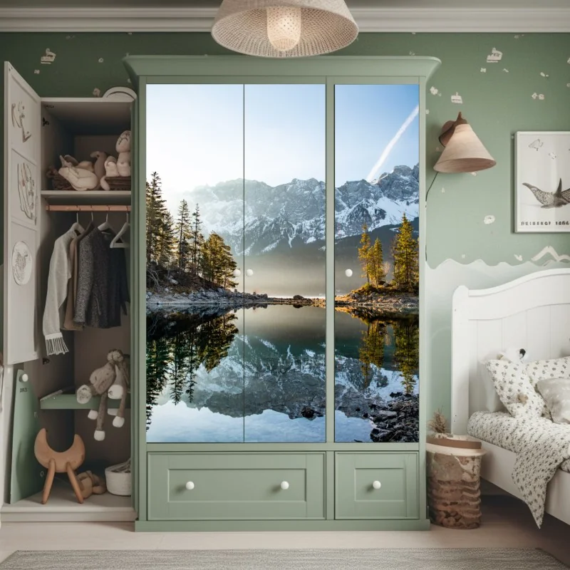 Schrankaufkleber bergsee spiegelung bei sonnenaufgang – Wallnifity® Schrankaufkleber bergsee spiegelung bei sonnenaufgang – Wallnifity®