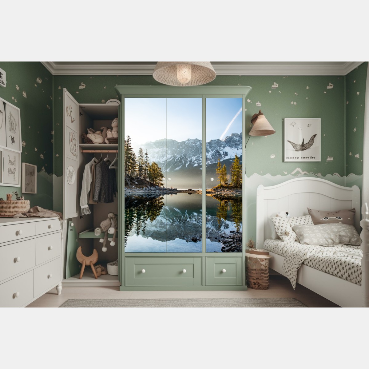 Schrankaufkleber bergsee spiegelung bei sonnenaufgang – Wallnifity® Schrankaufkleber bergsee spiegelung bei sonnenaufgang – Wallnifity®