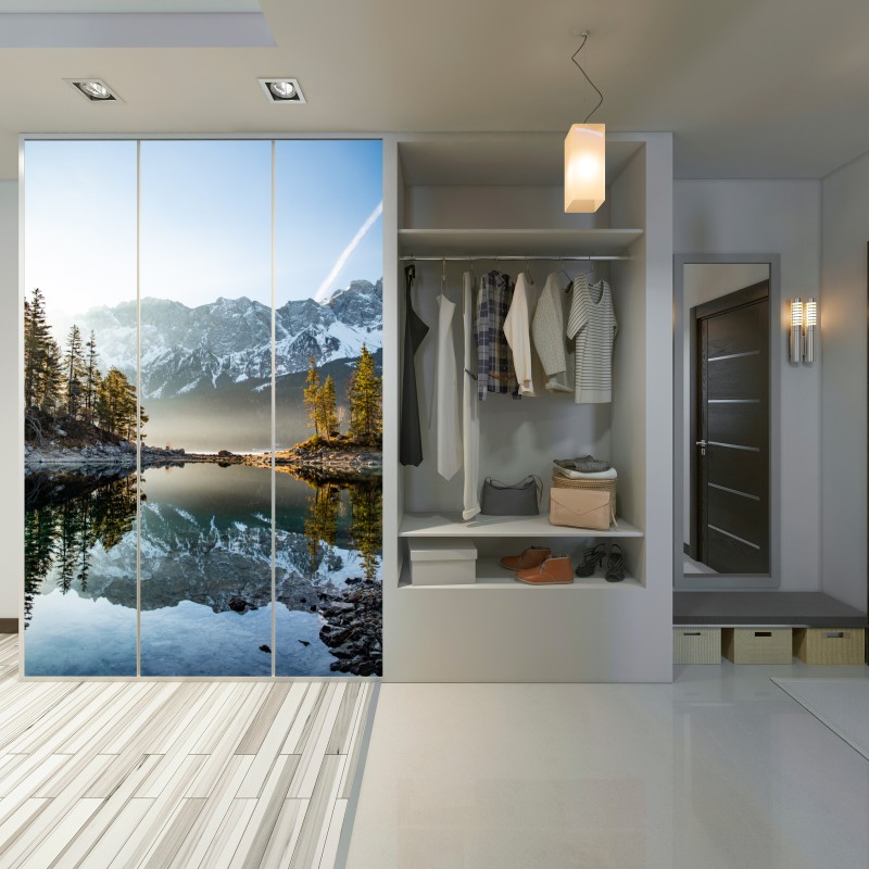 Schrankaufkleber bergsee spiegelung bei sonnenaufgang – Wallnifity® Schrankaufkleber bergsee spiegelung bei sonnenaufgang – Wallnifity®