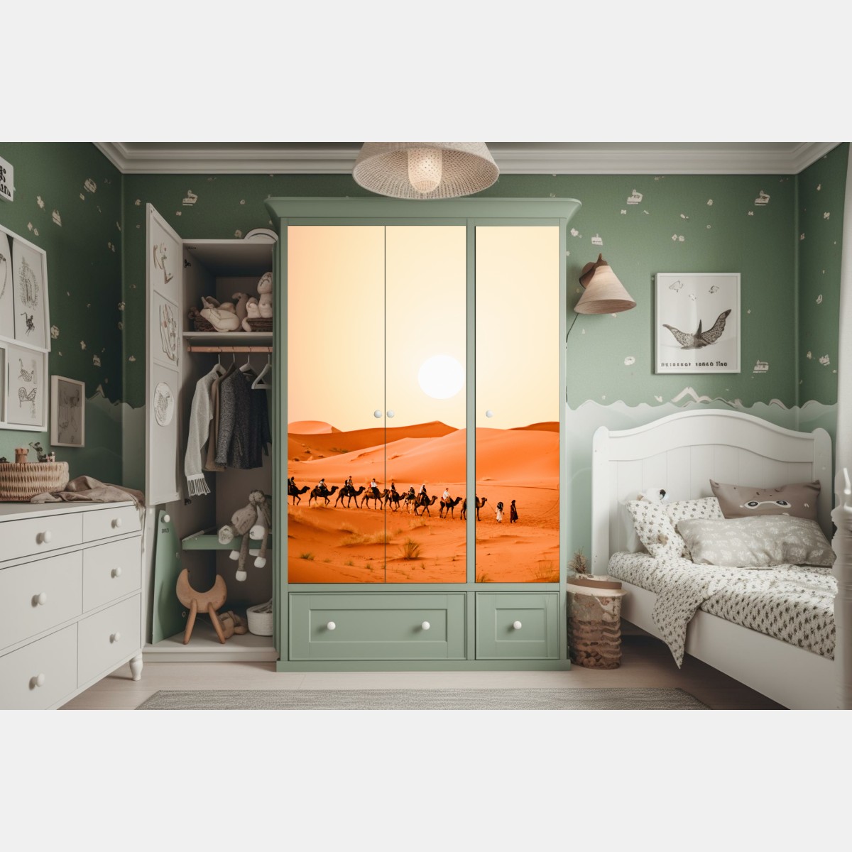 Schrankaufkleber karawane von kamelen in der wüste bei sonnenuntergang – Wallnifity® Schrankaufkleber karawane von kamelen in der wüste bei sonnenuntergang – Wallnifity®