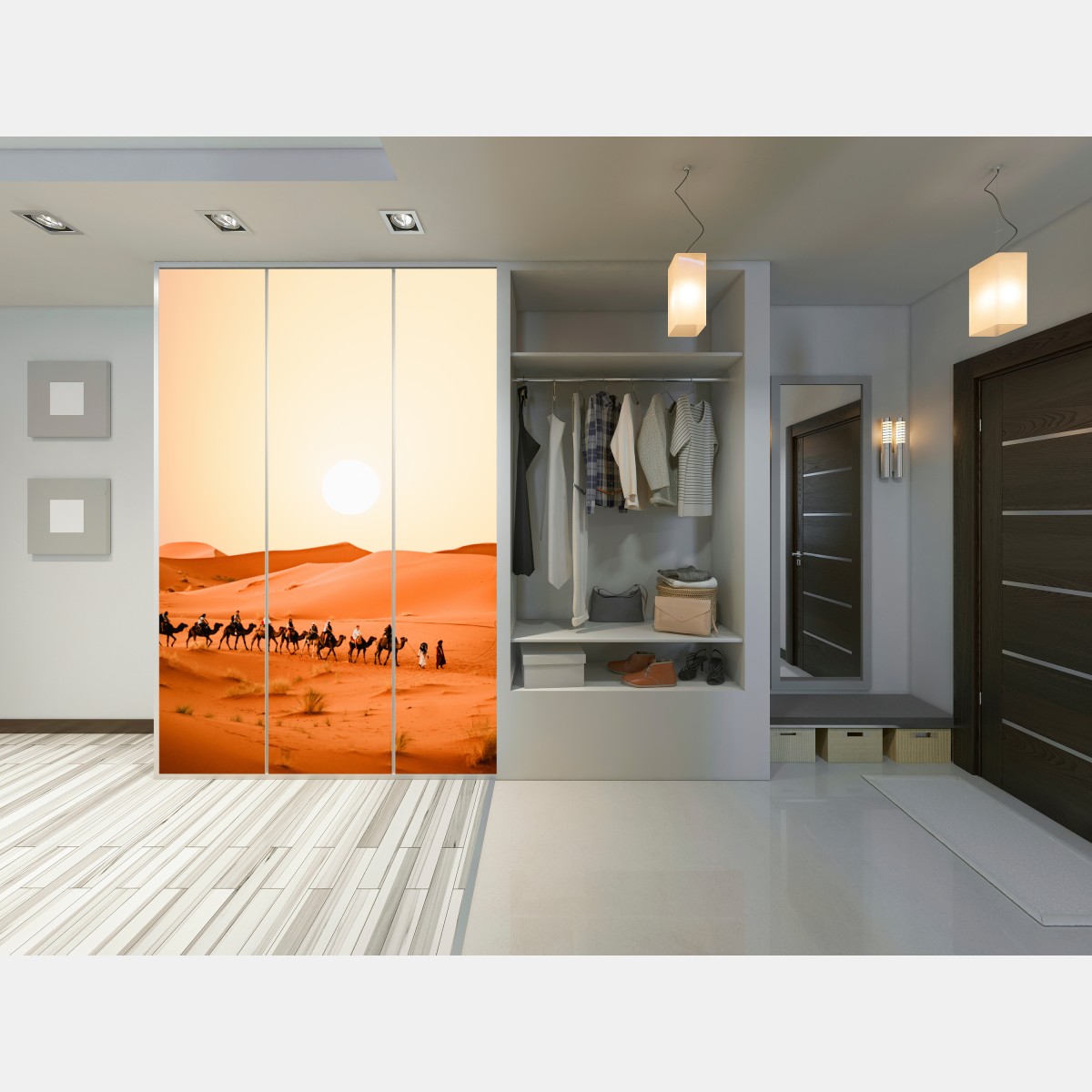 Schrankaufkleber karawane von kamelen in der wüste bei sonnenuntergang – Wallnifity® Schrankaufkleber karawane von kamelen in der wüste bei sonnenuntergang – Wallnifity®