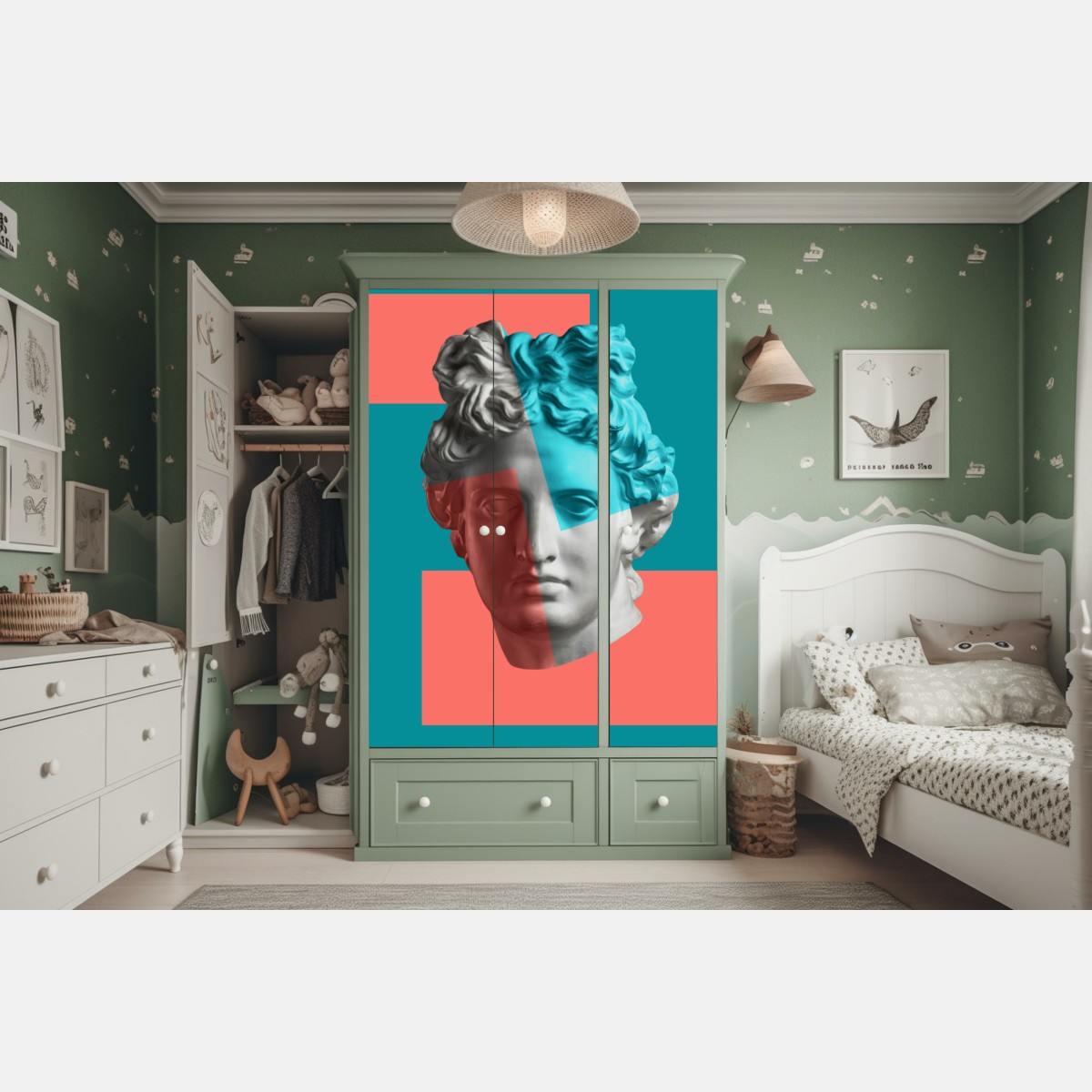 Schrankaufkleber duotone klassische büste im collage-stil – Wallnifity® Schrankaufkleber duotone klassische büste im collage-stil – Wallnifity®